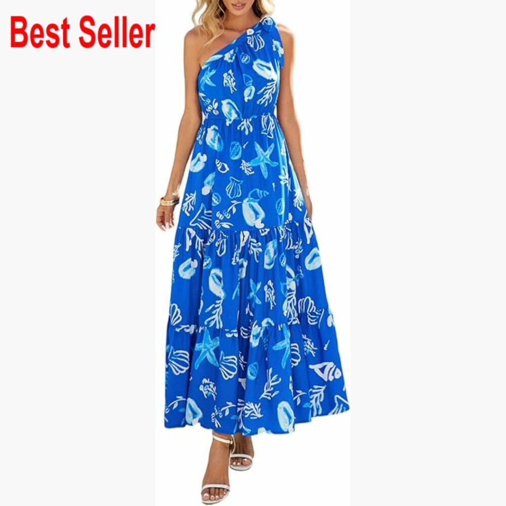 Polyester One Shoulder Maxi Dress Floral Boho Beach Vacation Wedding Guest